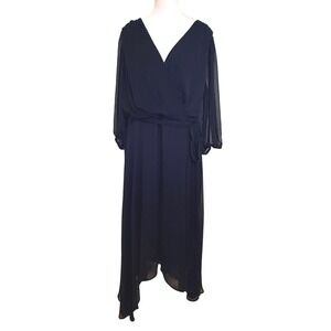 DKNY Wrap High-Low Dress Women 14W Navy Blue Sheer Sleeve V-Neck Chiffon